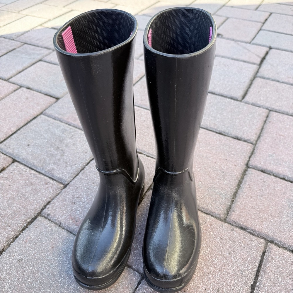 Crocs Girls Wellie Patent Rain Boots J2 Black Pink Waterproof 12470 Kids